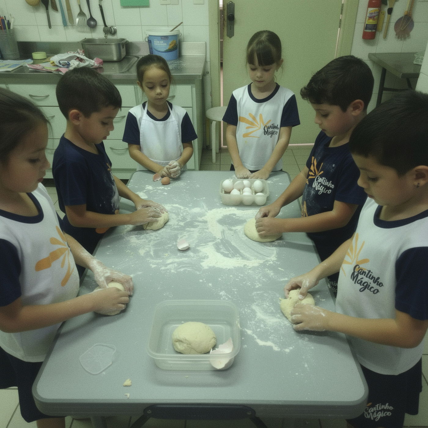 Alunos de avental amassando pão na cozinha experimental