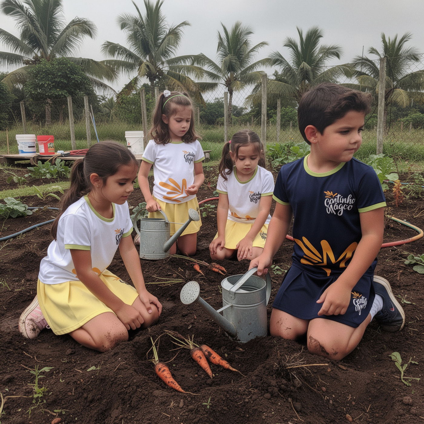 Alunos de uniforme cuidando da horta orgânica e da agrofloresta da escola