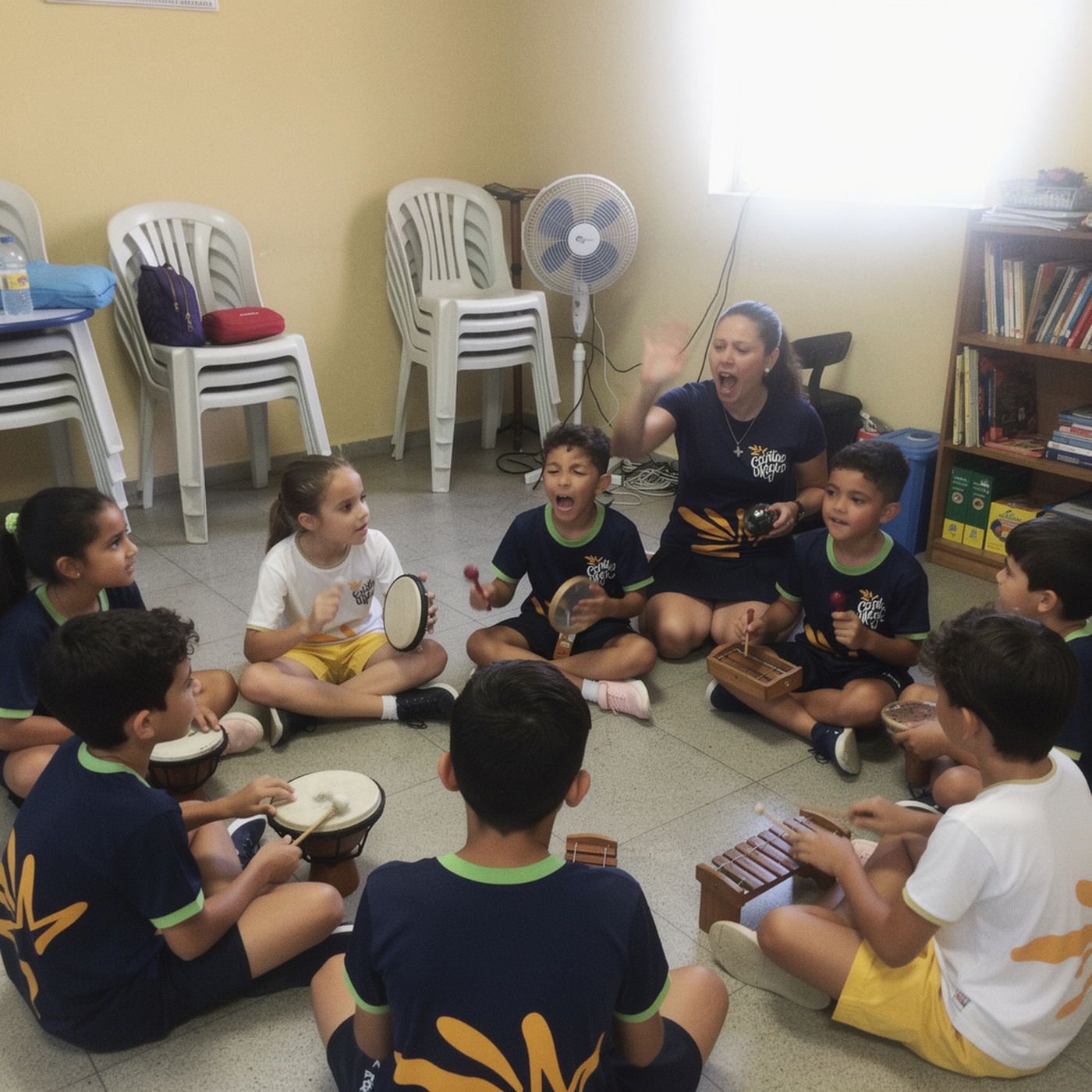 Alunos tocando instrumentos e cantando em roda com a professora de música